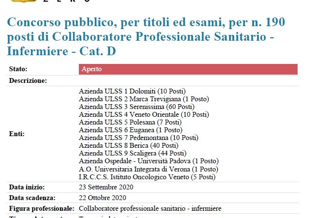 ULSS Venete: Concorso pubblico, per titoli ed esami, per n. 190 posti di Collaboratore Professionale Sanitario – Infermiere – Cat. D.